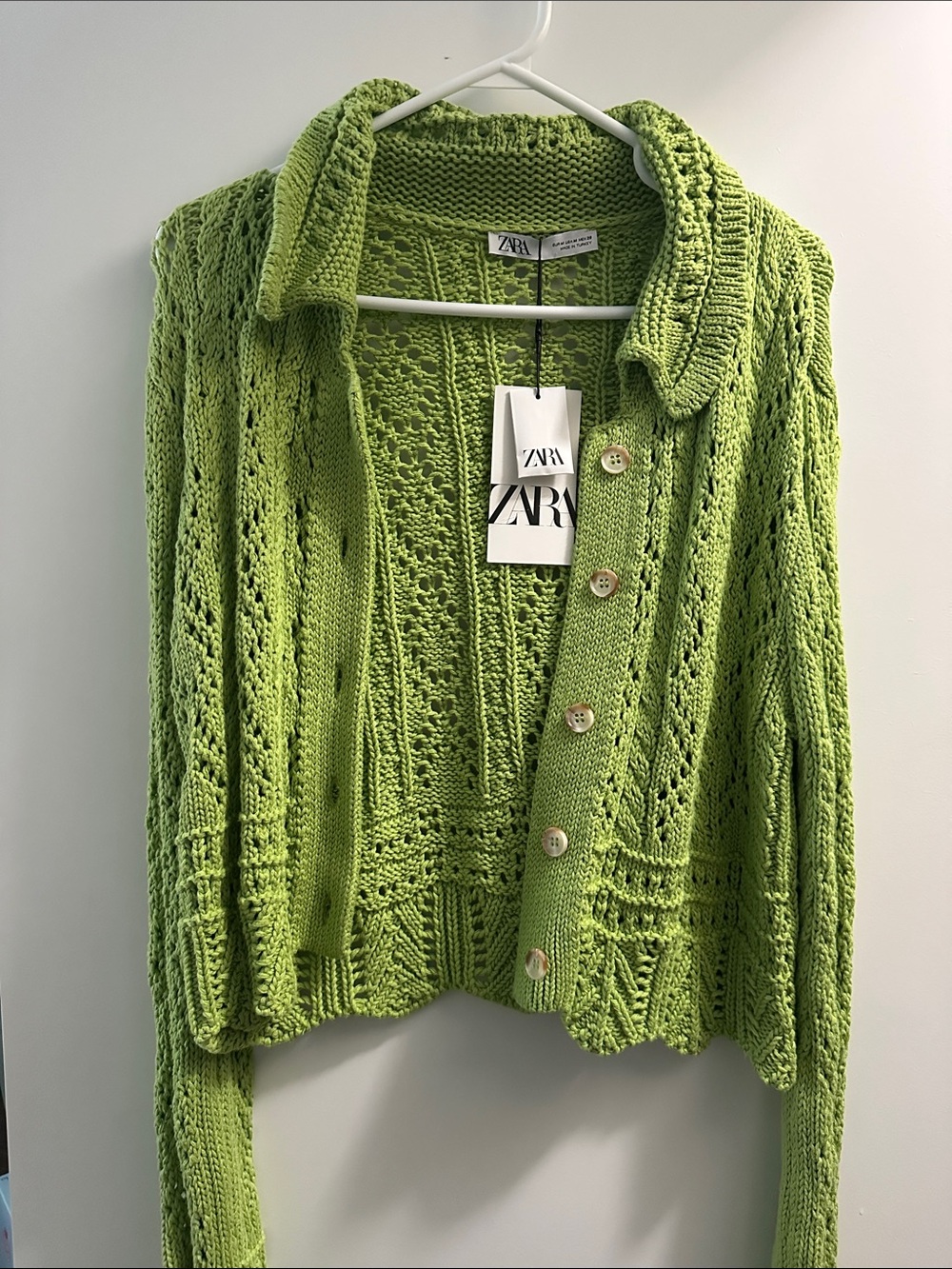 Zara Lime Green Open-Knit Button Cardigan